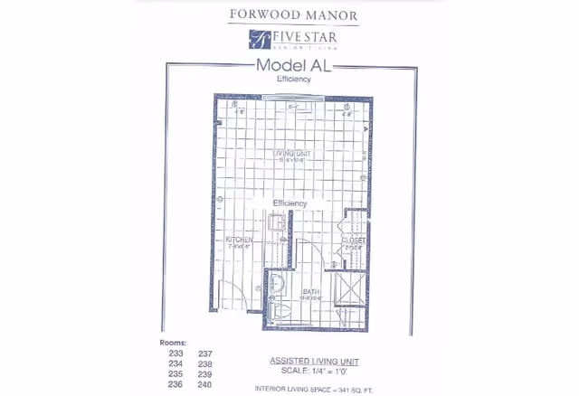 Floor plan for an assisted living efficiency unit named Model AL at Forwood Manor, showing a layout with a kitchen, bath, closet, and living unit area.