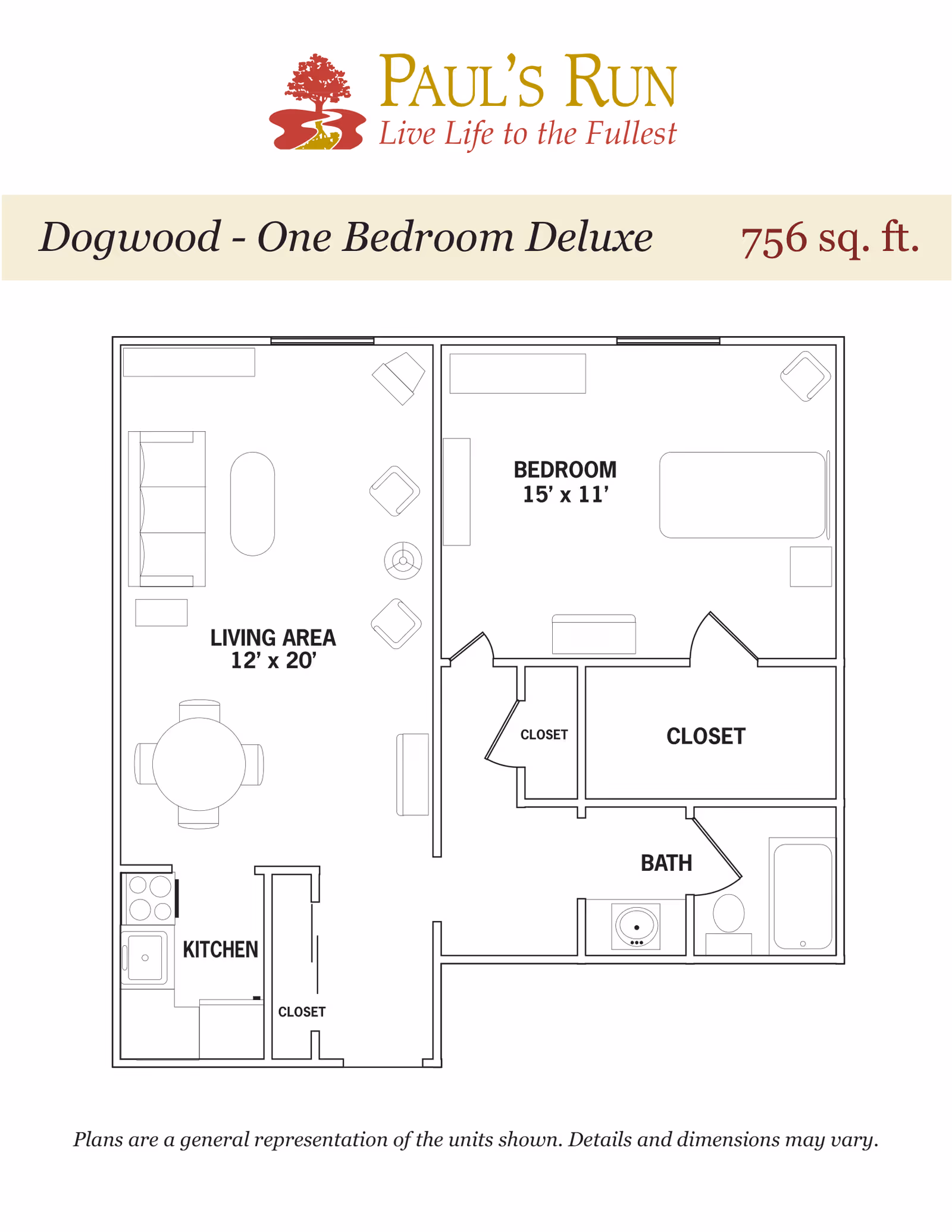 Floor plan of Dogwood - One Bedroom Deluxe apartment at Paul's Run, showing a living area measuring 12 by 20 feet, a bedroom measuring 15 by 11 feet, a kitchen, bathroom, and multiple closets, with furniture layout indicated.