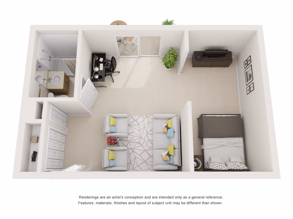3D floor plan of a small apartment unit showing a living area with a sofa, two armchairs, a rug, and a coffee table, a bedroom with a bed and nightstand, a bathroom with a shower, sink, and toilet, and a small workspace with a desk and chair near sliding glass doors leading to a balcony with plants.