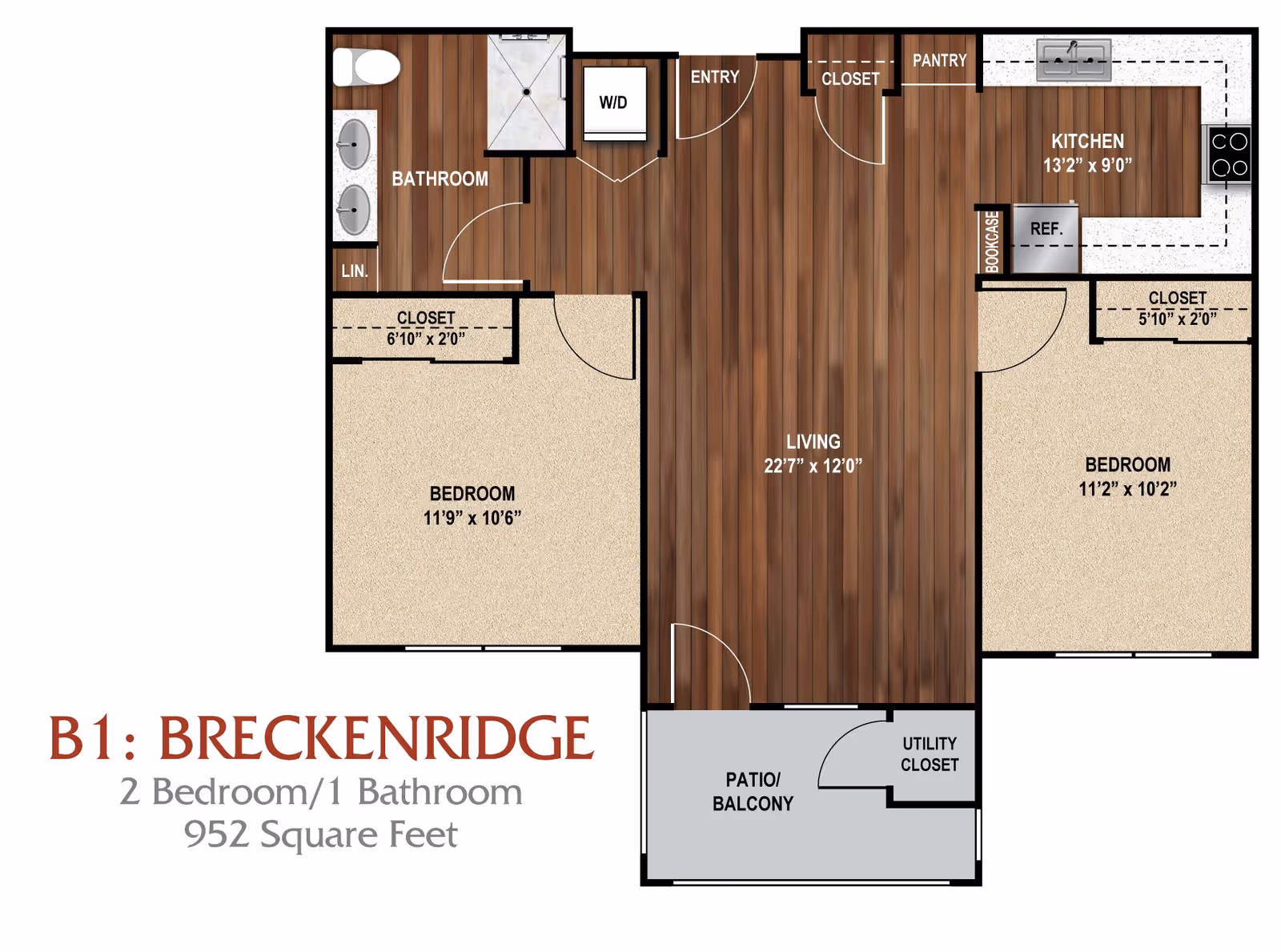 Floor plan diagram titled 'B1: Breckenridge' for a 2-bedroom, 1-bathroom apartment showing living room, kitchen, bathroom, bedrooms, closets and a patio/balcony with dimensions.