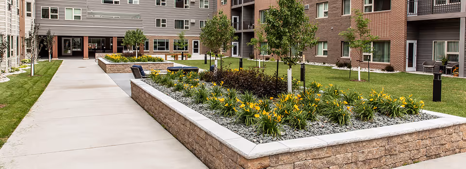 Outdoor courtyard area at Eventide The Linden featuring raised flower beds with yellow flowers and small trees, surrounded by a paved walkway and multi-story residential buildings.