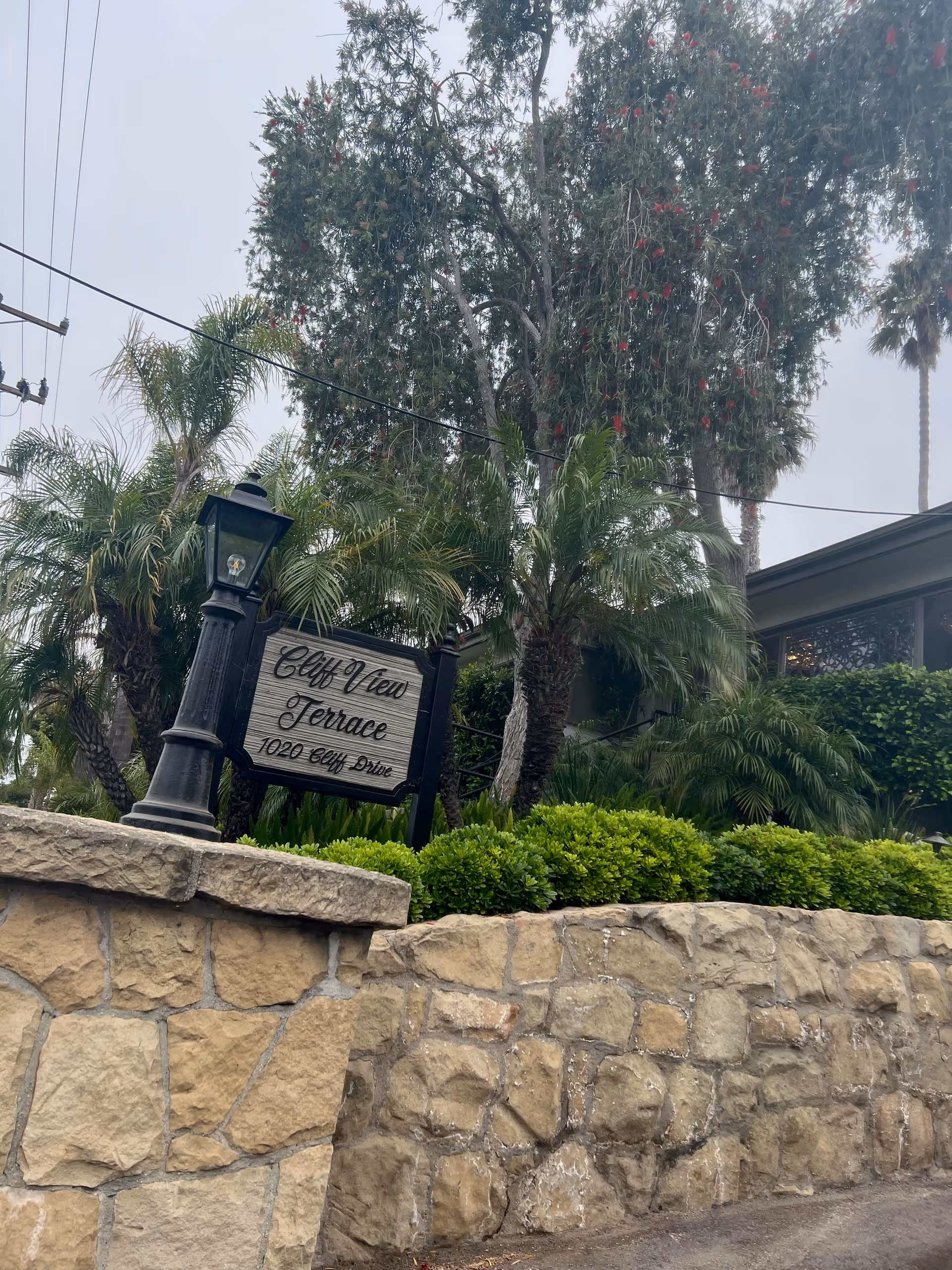 Stone wall with green bushes and palm trees behind it, a black lamp post, and a wooden sign that reads 'Cliff View Terrace 1020 Cliff Drive' with a building partially visible in the background under an overcast sky.