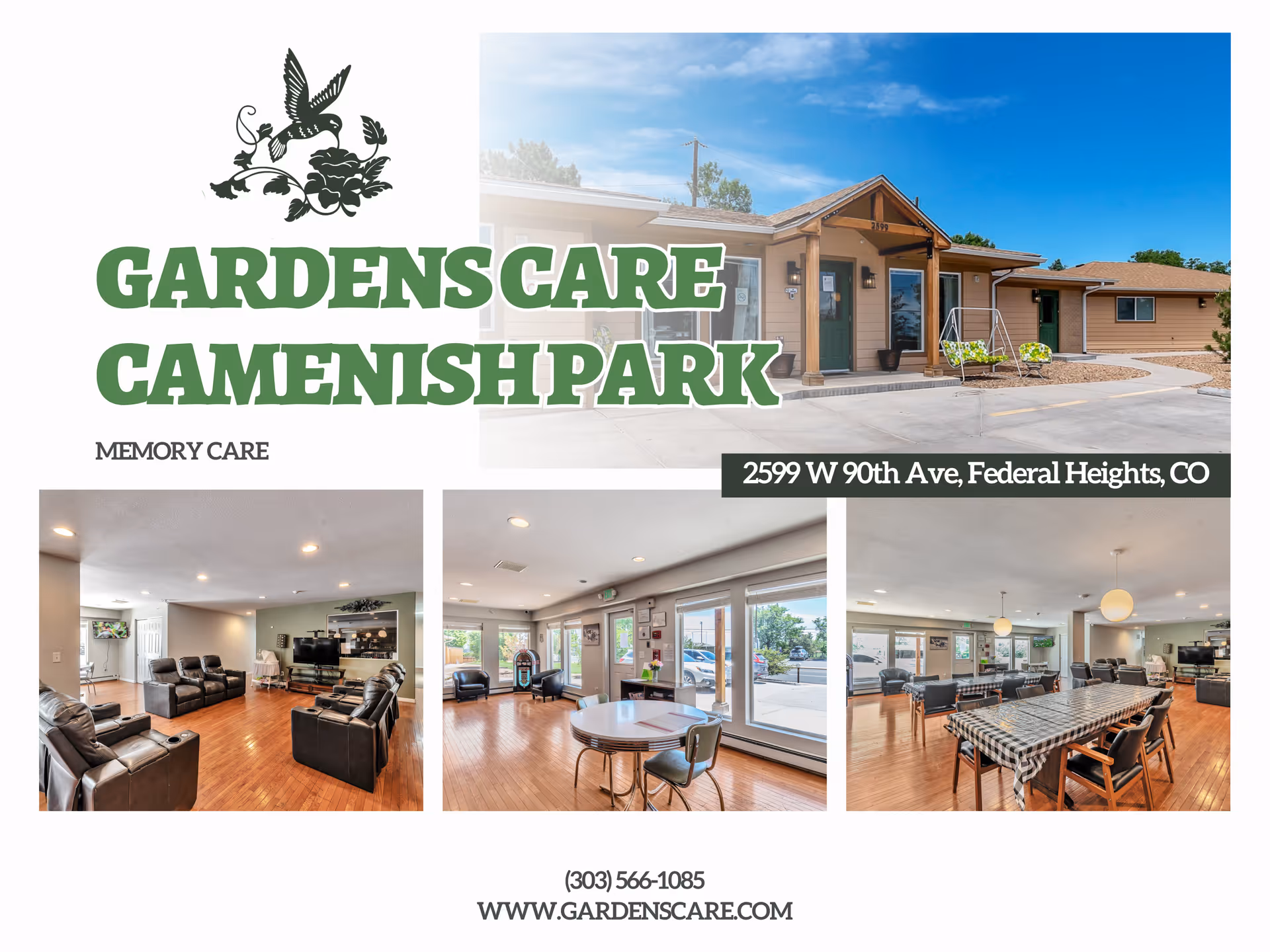 Exterior view of Gardens Care Senior Living - Camenish Park building with a clear blue sky. Below are three interior images showing a living room with leather chairs and a TV, a common area with tables and chairs near large windows, and a dining area with a long table covered with a checkered tablecloth and multiple chairs.