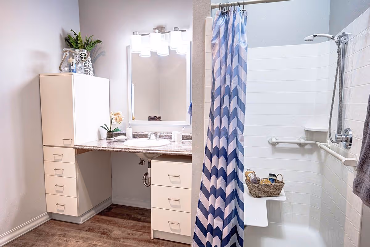 Accessible bathroom with a sink vanity, storage cabinets, mirror and a shower with a blue patterned curtain and grab bars.