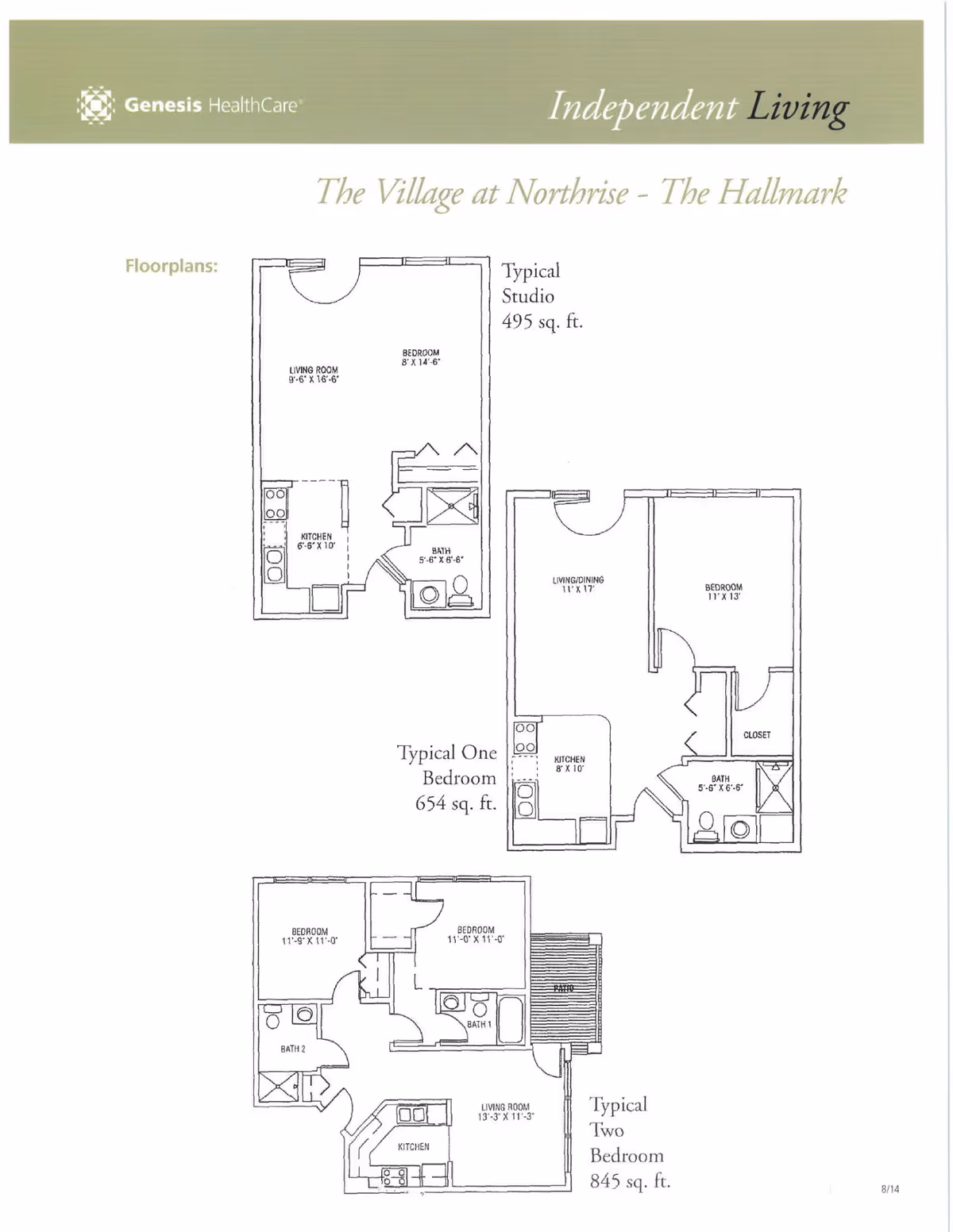 Floor plans for The Village at Northrise - The Hallmark showing three typical apartment layouts: a studio with 495 sq. ft., a one-bedroom with 654 sq. ft., and a two-bedroom with 845 sq. ft. Each plan details rooms including living room, kitchen, bedroom(s), bath(s), and closet or patio areas.