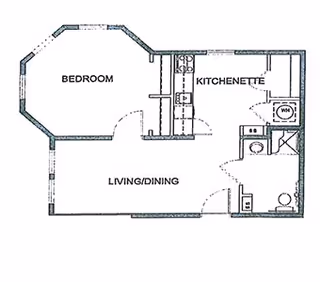Architectural floor plan of a senior living unit at The Village at Southlake, showing a bedroom, kitchenette, living/dining area, and a bathroom with washer/dryer.