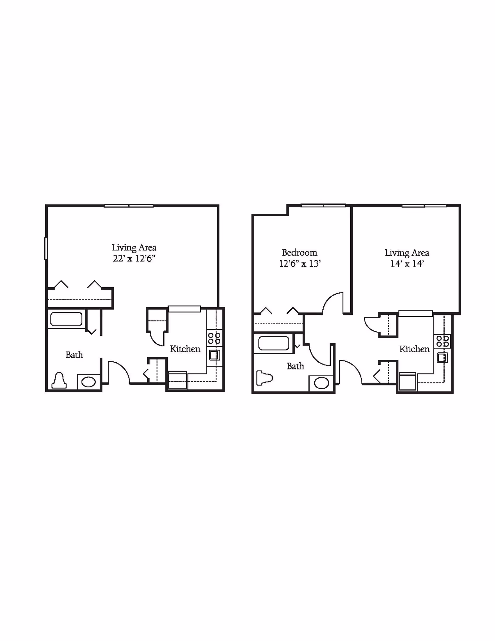 Two black and white architectural floor plans side by side. The left floor plan shows a living area measuring 22 feet by 12 feet 6 inches, a kitchen, and a bathroom. The right floor plan shows a bedroom measuring 12 feet 6 inches by 13 feet, a living area measuring 14 feet by 14 feet, a kitchen, and a bathroom.