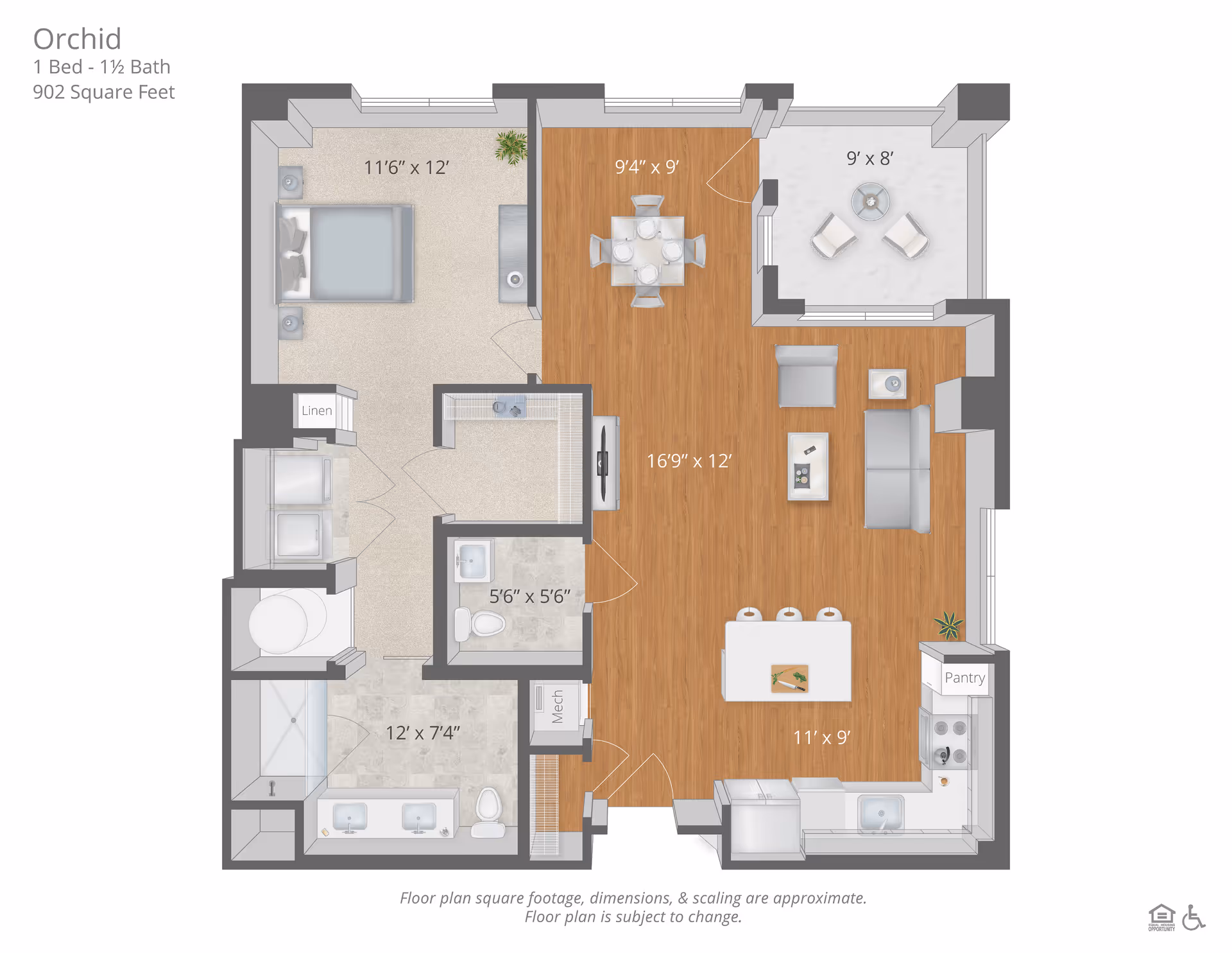 Floor plan of the Orchid apartment at Ingleside at King Farm showing a 1 bedroom, 1.5 bathroom layout with 902 square feet. The plan includes a bedroom measuring 11'6" x 12', a living and dining area with dimensions 16'9" x 12' and 9'4" x 9' respectively, a kitchen area of 11' x 9', a patio of 9' x 8', a full bathroom measuring 12' x 7'4" with double sinks, a half bathroom measuring 5'6" x 5'6", a linen closet, pantry, mechanical room, and laundry area.