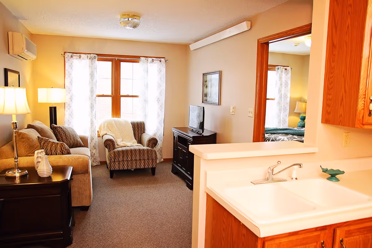 Cozy open-plan living area with a sofa and armchair by a curtained window, a TV stand, and a kitchenette sink in the foreground.