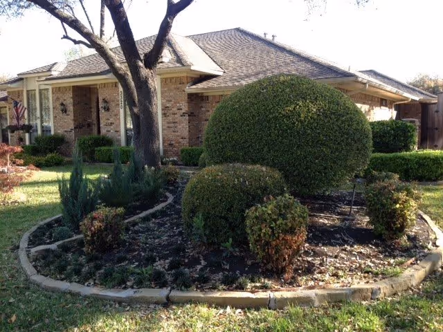 Front exterior view of a single-story brick residential building with a well-maintained garden featuring trimmed bushes and a large tree in the foreground.
