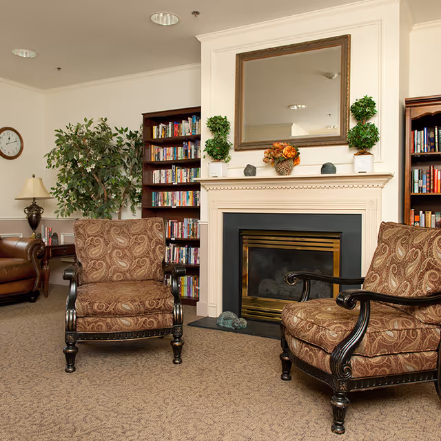 Cozy sitting area with two patterned armchairs facing a fireplace flanked by bookshelves and decorative plants.