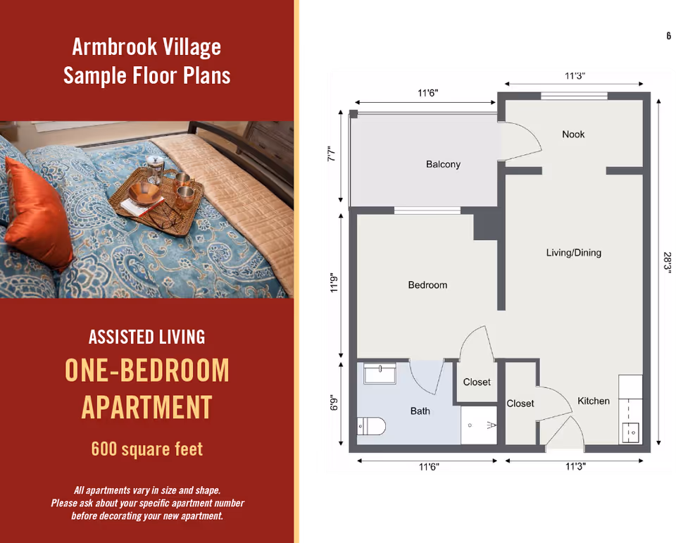 Floor plan of a one-bedroom assisted living apartment at Armbrook Village, showing a bedroom, bath, kitchen, living/dining area, nook, balcony, and two closets with dimensions. The left side of the image includes a photo of a bed with a blue patterned bedspread and a tray with cups and a bowl, along with text describing the apartment as 600 square feet.