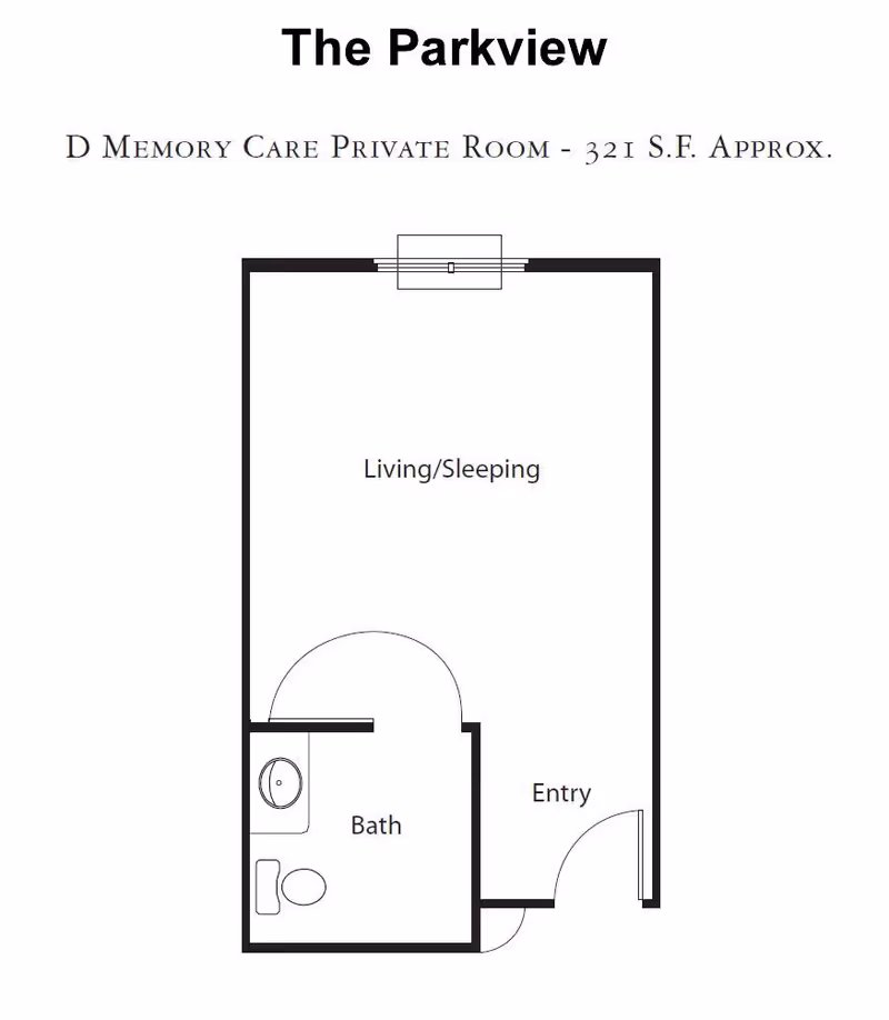 Floor plan for The Parkview D Memory Care Private Room (approx. 321 S.F.) showing a Living/Sleeping area, entry, and a bath.