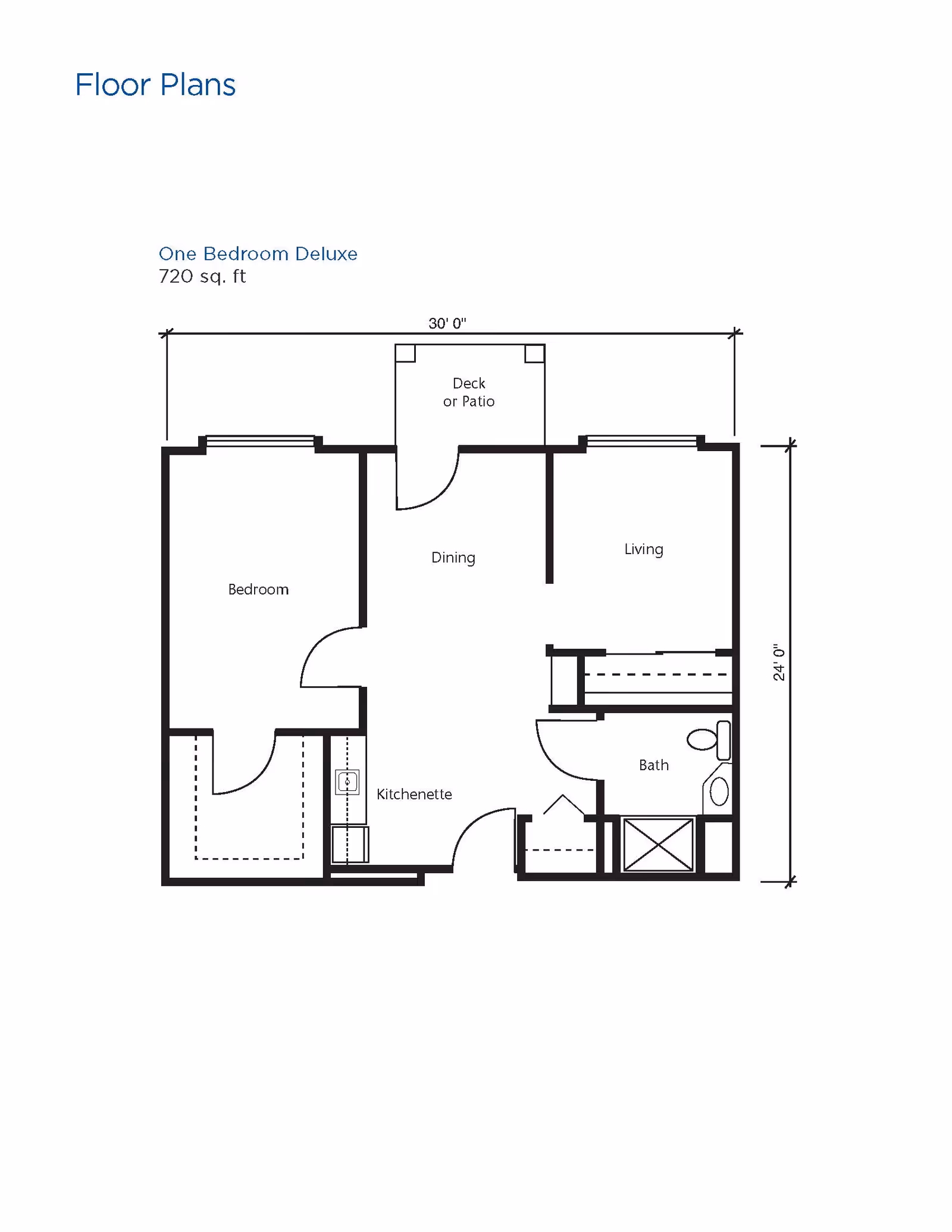 Floor plan layout of a one-bedroom deluxe apartment with 720 square feet, showing a bedroom, kitchenette, dining area with deck or patio access, living room, and bathroom.