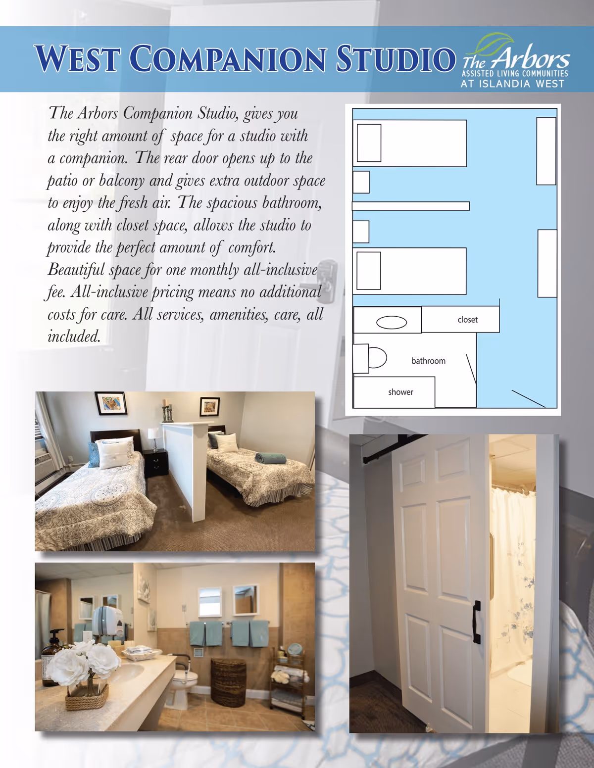 Layout and photos of the West Companion Studio at The Arbors Assisted Living Communities at Islandia West. The layout shows two beds separated by a partition, a closet, and a bathroom with a shower. Photos include a bedroom with two twin beds separated by a half wall, a bathroom with a sink, toilet, towels, and a shower with a sliding barn door.