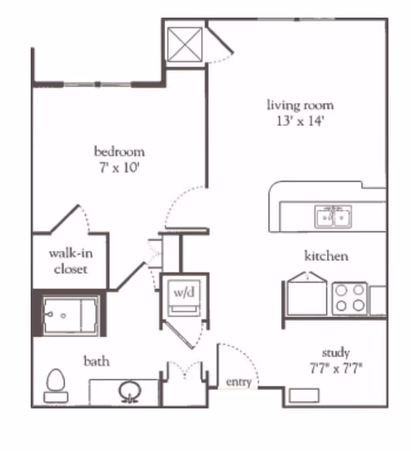 Floor plan of a living space at Atria Cinco Ranch showing a bedroom with walk-in closet, bathroom, living room, kitchen, study, entry, and washer/dryer area with dimensions.
