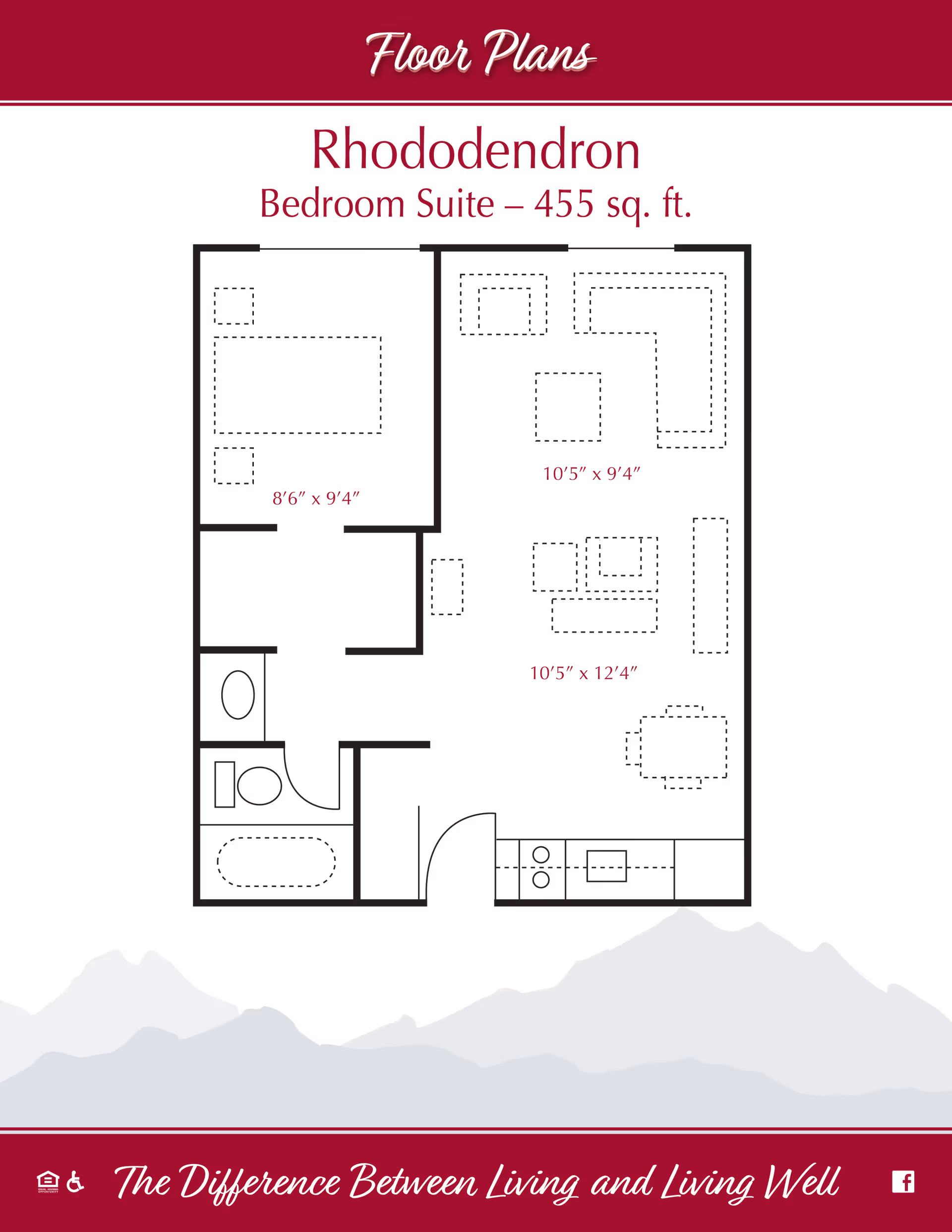 Floor plan of the Rhododendron Bedroom Suite at Cascades of Bremerton, showing a layout of 455 square feet with dimensions for the bedroom, living area, and dining space, including a bathroom and kitchenette.