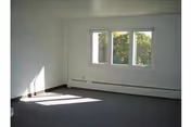 Empty carpeted room with a window letting in sunlight and a baseboard heater along the wall.