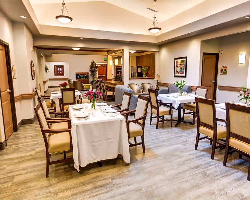 A bright and spacious dining room in a senior living facility with several tables covered with white tablecloths, each set with plates, glasses, and floral centerpieces. The room features wooden chairs with cushioned seats, modern ceiling lights, and a seating area with armchairs and a sofa in the background. The walls are decorated with framed artwork and there is a kitchen area visible through an open window.