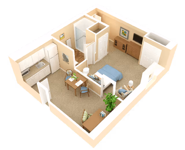 3D floor plan of a studio apartment in an assisted living facility featuring a combined living and sleeping area with a bed, armchair, TV on a cabinet, a small dining table with two chairs, a kitchenette with a sink, stove, and refrigerator, a desk with a chair, a bathroom with a shower, and some decorative plants and wall art.