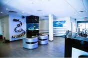 A modern and spacious interior area with light-colored walls and flooring. The room features a large aquarium built into a black column, two circular silver benches, a wall-mounted curved bookshelf with books, and a large framed artwork on the wall. There is a reception desk on the right side and glass doors leading outside in the background.