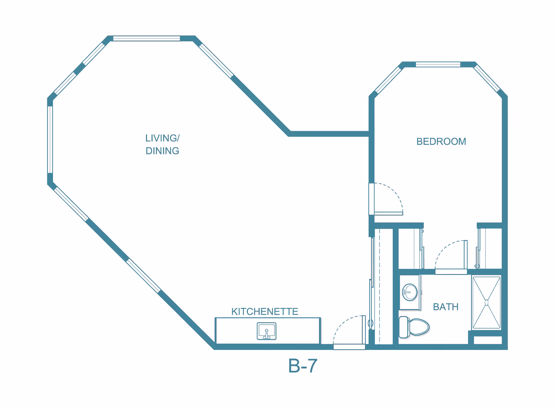 Floor plan of a living space labeled B-7 at Solista Bellevue, showing a living/dining area, a kitchenette, a bedroom, and a bathroom with a shower, toilet, and sink.