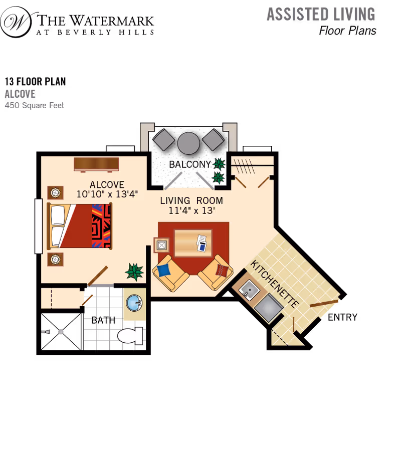 Floor plan of an assisted living alcove apartment at The Watermark at Beverly Hills, showing a living room with two chairs and a coffee table, an alcove bedroom with a bed and nightstands, a kitchenette with a sink and stove, and a bathroom with a toilet and sink.