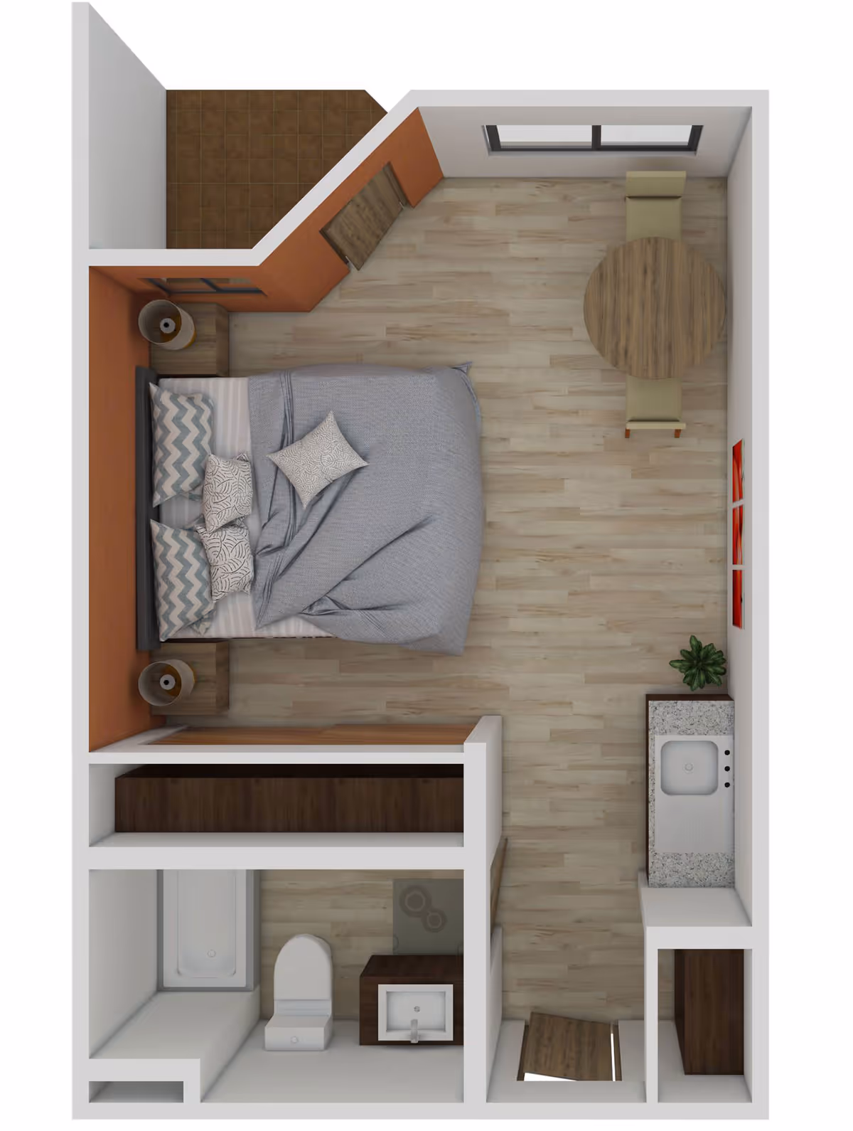 Top-down view of a studio apartment floor plan featuring a bedroom area with a bed, two nightstands with lamps, a small dining area with a round table and two chairs, a kitchenette with a sink and countertop, a bathroom with a bathtub, toilet, and sink, and a small closet. The flooring is light wood, and there is a small balcony area with tile flooring.