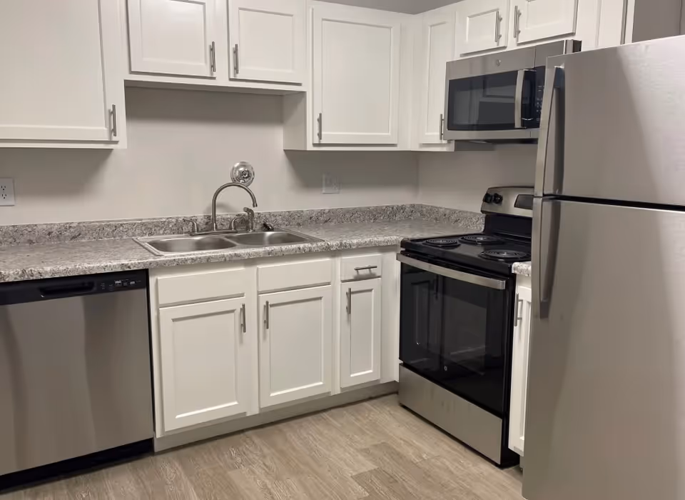 Modern kitchen with white cabinets, granite countertops, a double stainless steel sink, stainless steel dishwasher, electric stove with oven, microwave, and a stainless steel refrigerator. The floor has a light wood finish.