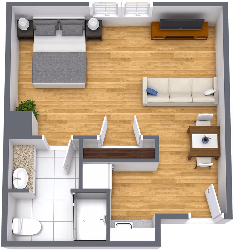 Top-down view of a studio apartment floor plan featuring a bedroom area with a double bed and nightstands, a living area with a sofa and TV, a small dining table with two chairs, and a bathroom with a toilet, sink, and shower.