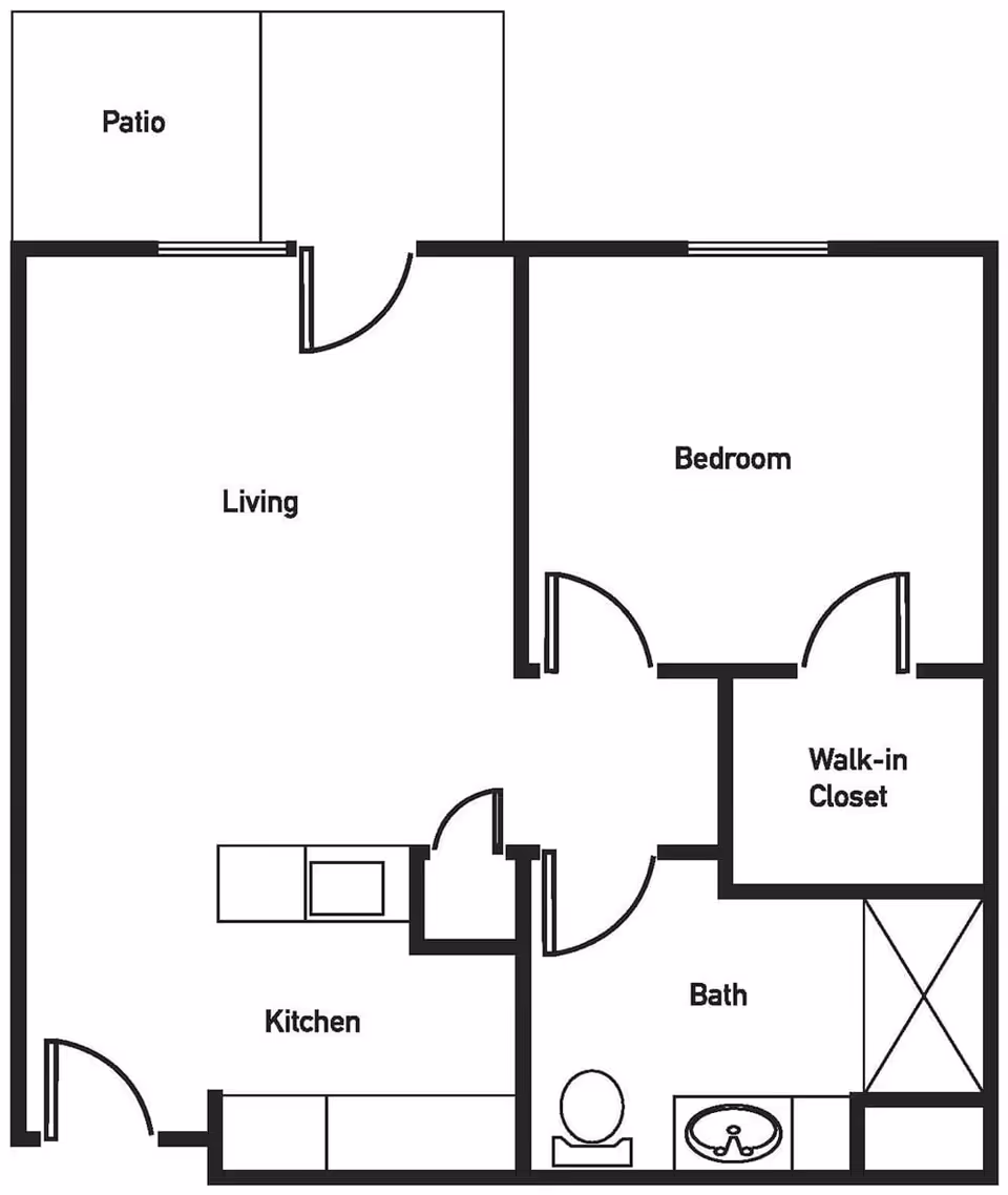 Floor plan of a one-bedroom apartment at Brookstone Estates of Robinson, showing a patio, living room, kitchen, bedroom, walk-in closet, and bathroom with a shower, toilet, and sink.