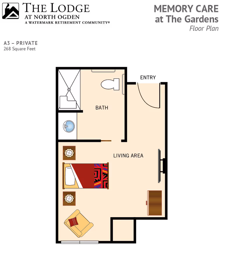 Floor plan of a small memory-care studio showing a living area with a bed, chair, dresser/TV and an adjacent bathroom.