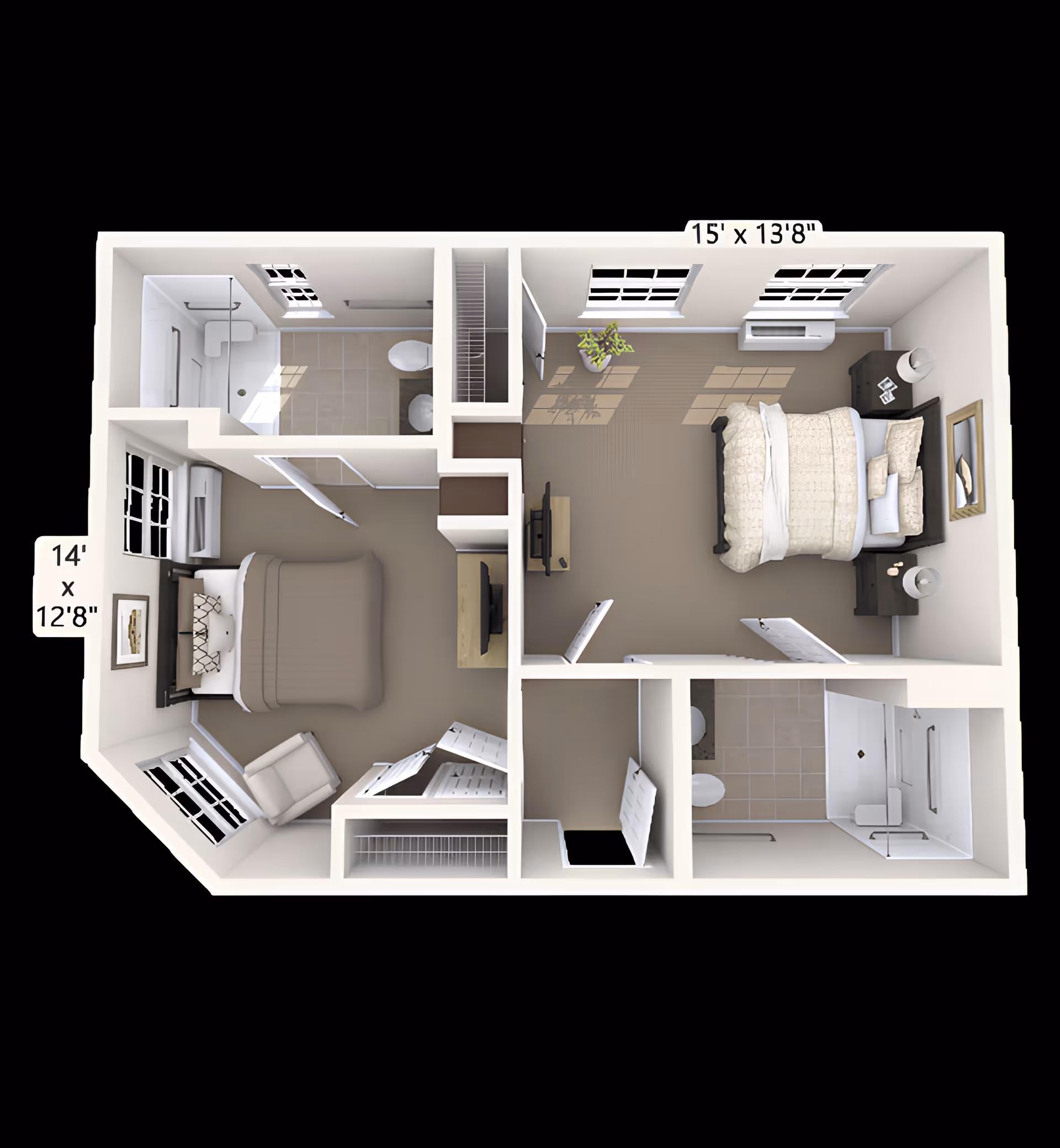 3D overhead floor plan rendering of a furnished two‑bedroom apartment with bathrooms, closets and windows on a black background.