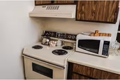 A compact kitchen area featuring a white electric stove with four burners and an oven, a white microwave on the countertop, wooden cabinets above and below the counter, a kettle on the stove, and a few small containers next to it.