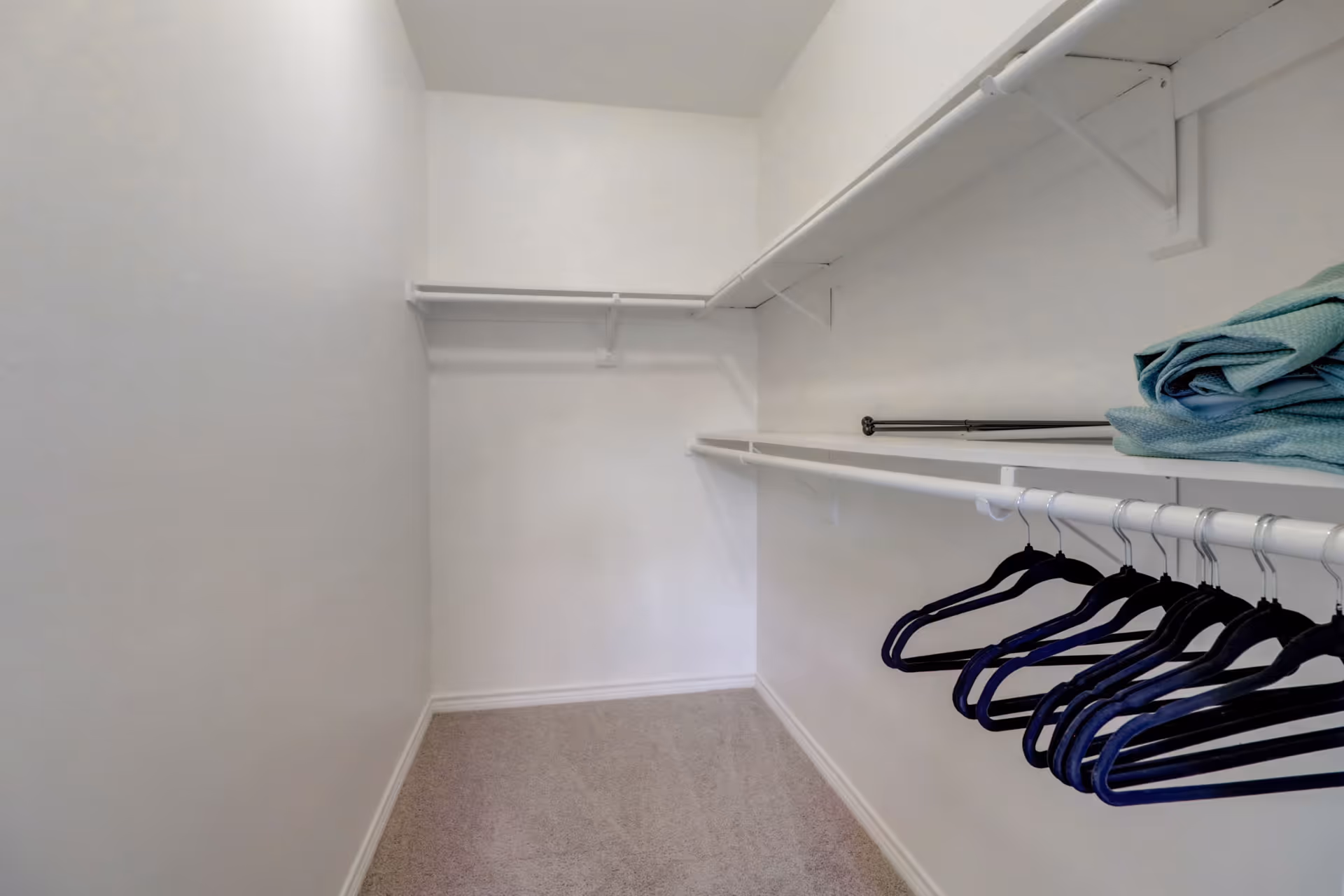Empty walk-in closet with white walls, beige carpet, white shelves and hanging rods, several black hangers on the right rod, and folded blue towels on the top shelf.