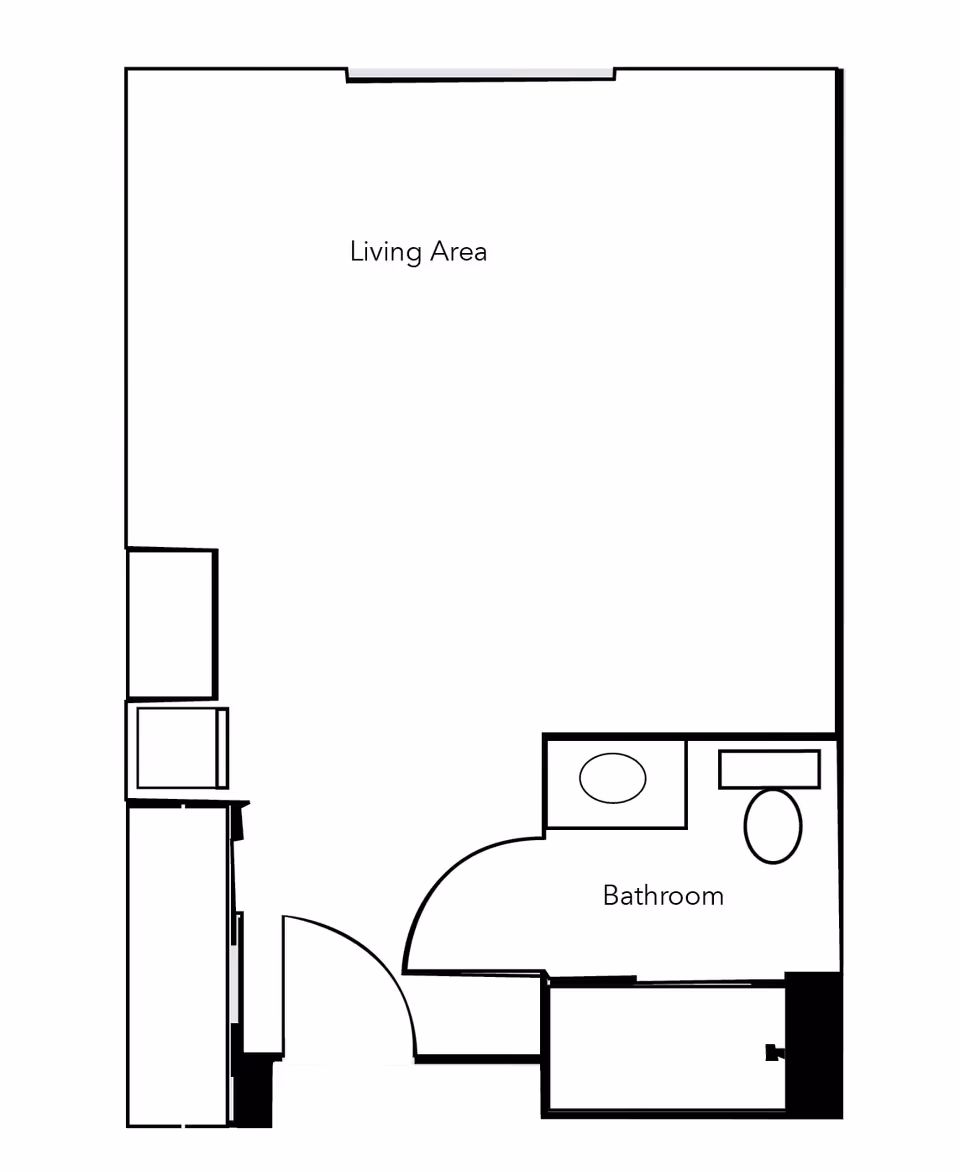 Floor plan layout showing a living area and a bathroom with a sink and toilet. The entrance door opens into the living area, and the bathroom is located to the right side of the entrance.