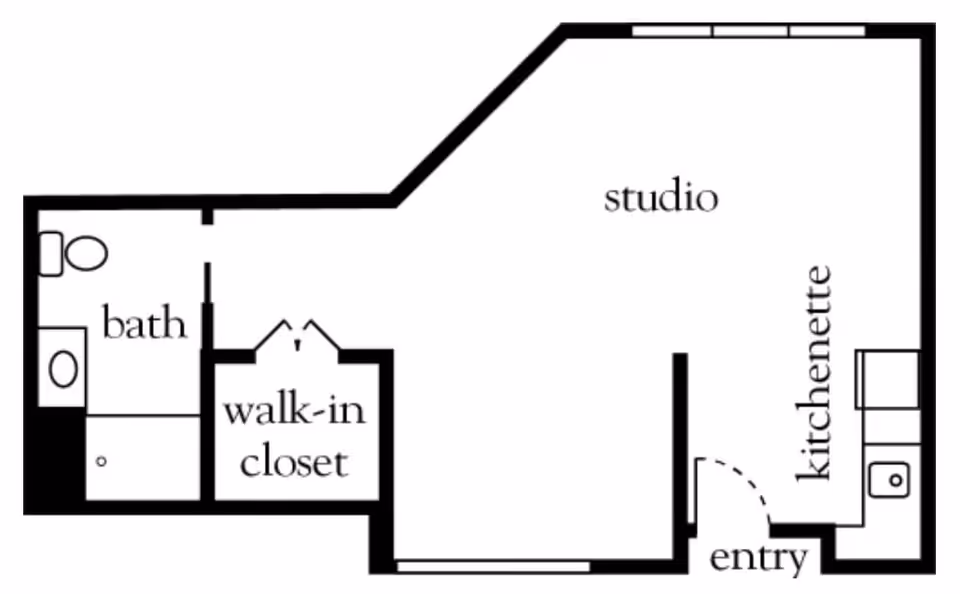 Floor plan of a studio apartment at Atria Merrimack Place showing a studio living area, kitchenette, entry, walk-in closet, and bathroom.