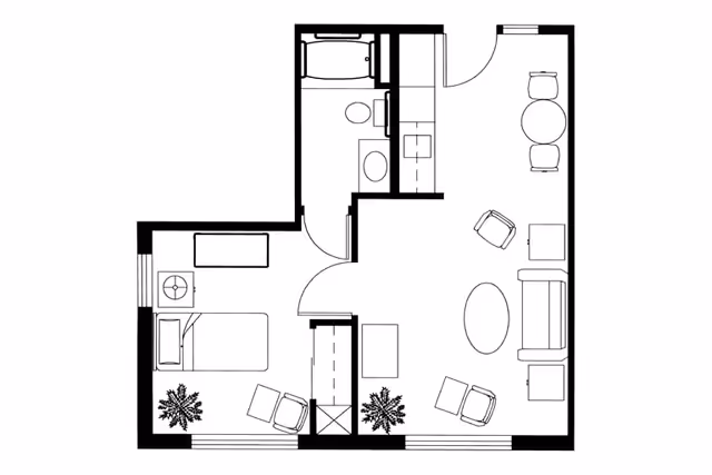 Black and white floor plan of a senior living unit showing a bedroom with a bed, nightstand, and two chairs, a bathroom with a bathtub, toilet, and sink, and a living room area with a sofa, two chairs, a coffee table, a side table, and a dining table with two chairs.