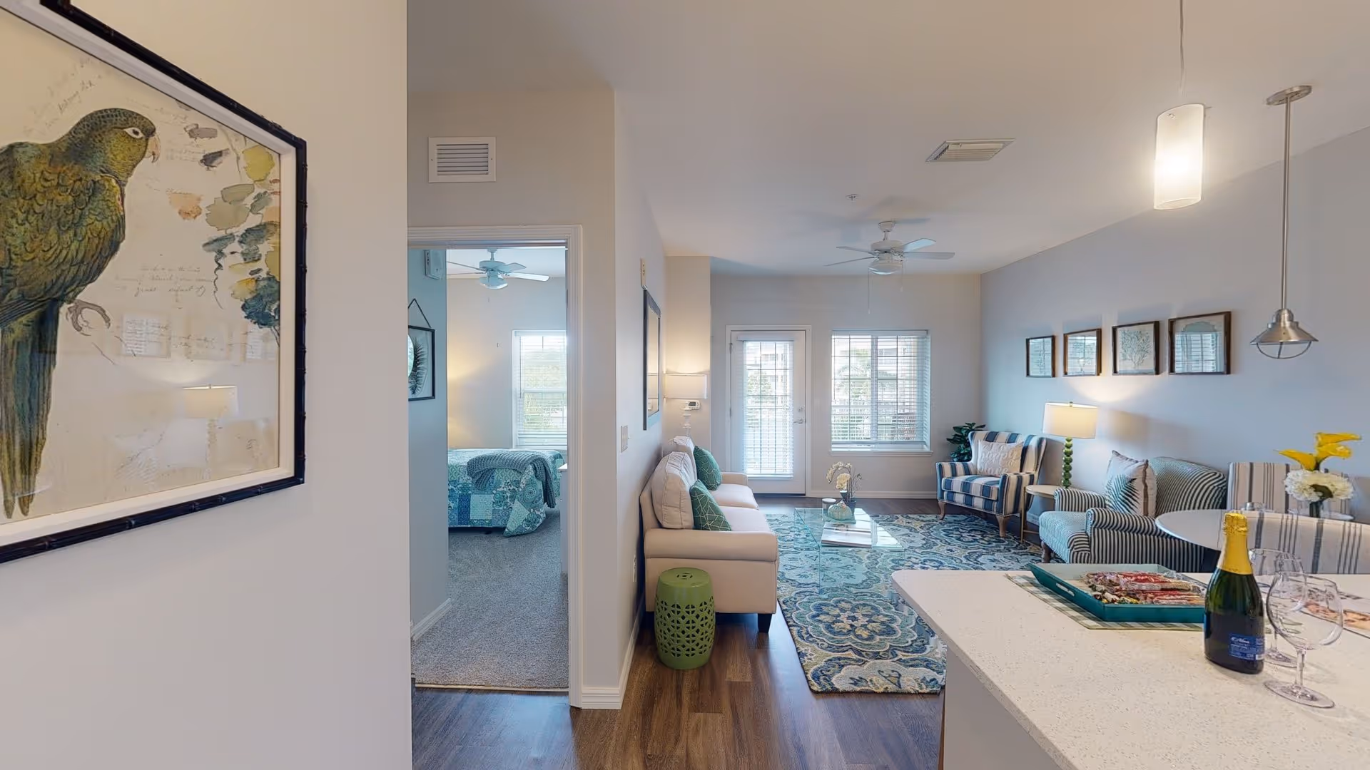 Open-plan living room and kitchen with a sofa, patterned rug, armchairs, and a countertop with a champagne bottle, seen from a hallway with framed parrot art and a bedroom doorway.