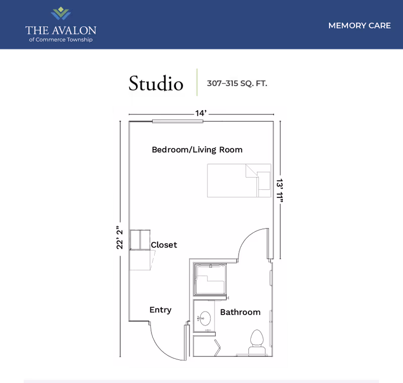 Floor plan diagram of a small memory-care studio showing a combined bedroom/living room, closet, entry and bathroom with dimensions.