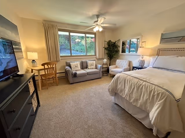 Bright, well-appointed bedroom with a bed, loveseat and armchair, dresser with TV, small desk, and a large window overlooking greenery.