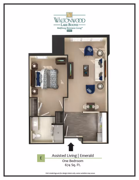 Top-down floor plan rendering of Waltonwood Lake Boone's Assisted Living 'Emerald' one-bedroom 674 sq. ft. apartment showing a bedroom, bathroom, kitchen, and combined living/dining area.