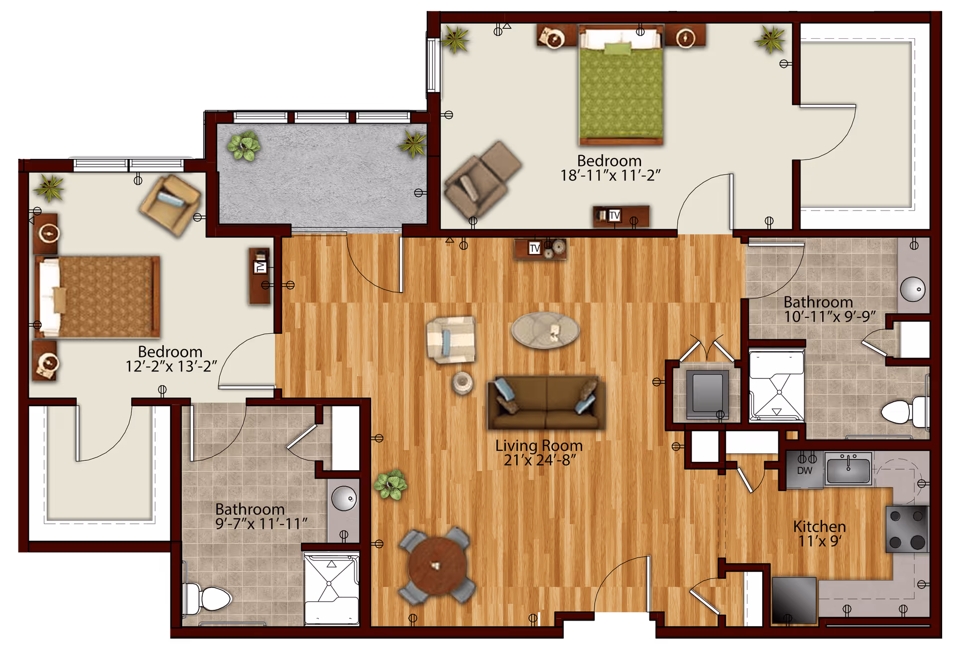 Floor plan of a senior living apartment at Harmony at Morgantown showing two bedrooms, two bathrooms, a living room, a kitchen, and a small outdoor patio area. The living room is centrally located with furniture including a sofa, chairs, and a round dining table. The bedrooms are furnished with beds and chairs. The kitchen includes appliances such as a stove, sink, and dishwasher. Bathrooms have standard fixtures including toilets and showers.