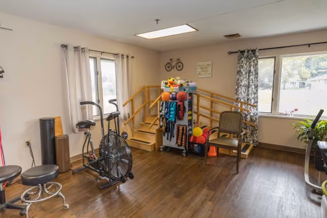 A bright therapy/exercise room with a stationary fan bike, therapy stairs, a rack of exercise balls and equipment, chairs, and windows.
