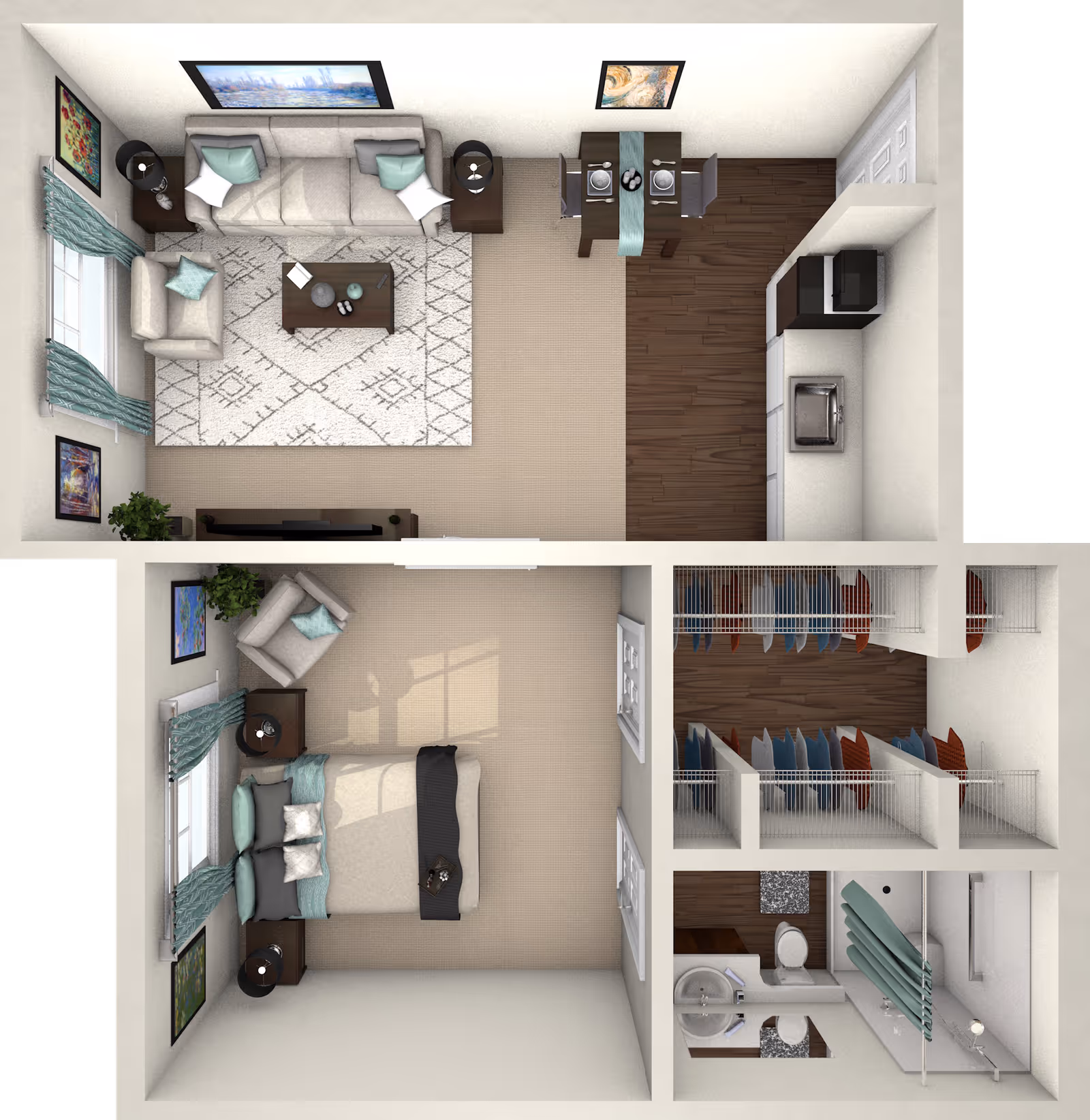 Top-down view of a senior living apartment floor plan showing a living room with sofa, armchair, coffee table, and TV stand; a dining area with a table set for two; a kitchen with appliances; a bedroom with a bed, armchair, and nightstands; a bathroom with a sink, toilet, and shower; and a large walk-in closet with shelves and hanging space.