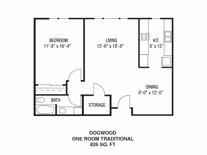 Floor plan labeled Dogwood One Room Traditional with 826 square feet, showing a bedroom measuring 11 feet 8 inches by 16 feet 4 inches, a living room measuring 13 feet 8 inches by 18 feet 8 inches, a kitchen measuring 8 feet by 12 feet, a dining area measuring 8 feet by 12 feet, a bathroom, and a storage area.
