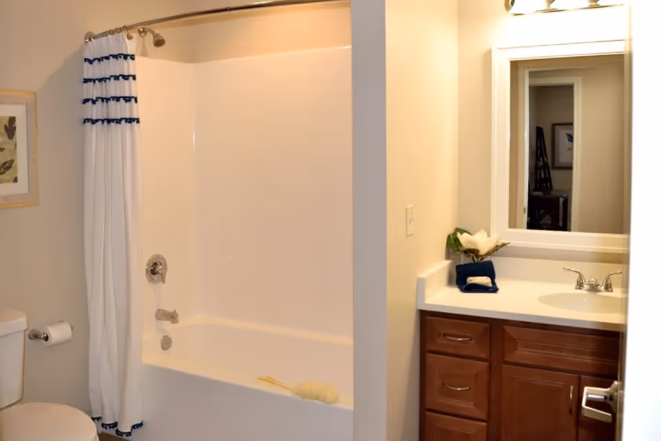A clean bathroom featuring a white bathtub with a shower curtain that has blue trim, a toilet with a roll of toilet paper on the holder, and a vanity with a sink, faucet, and a mirror above it. There is a small decorative plant and a folded towel on the vanity countertop.