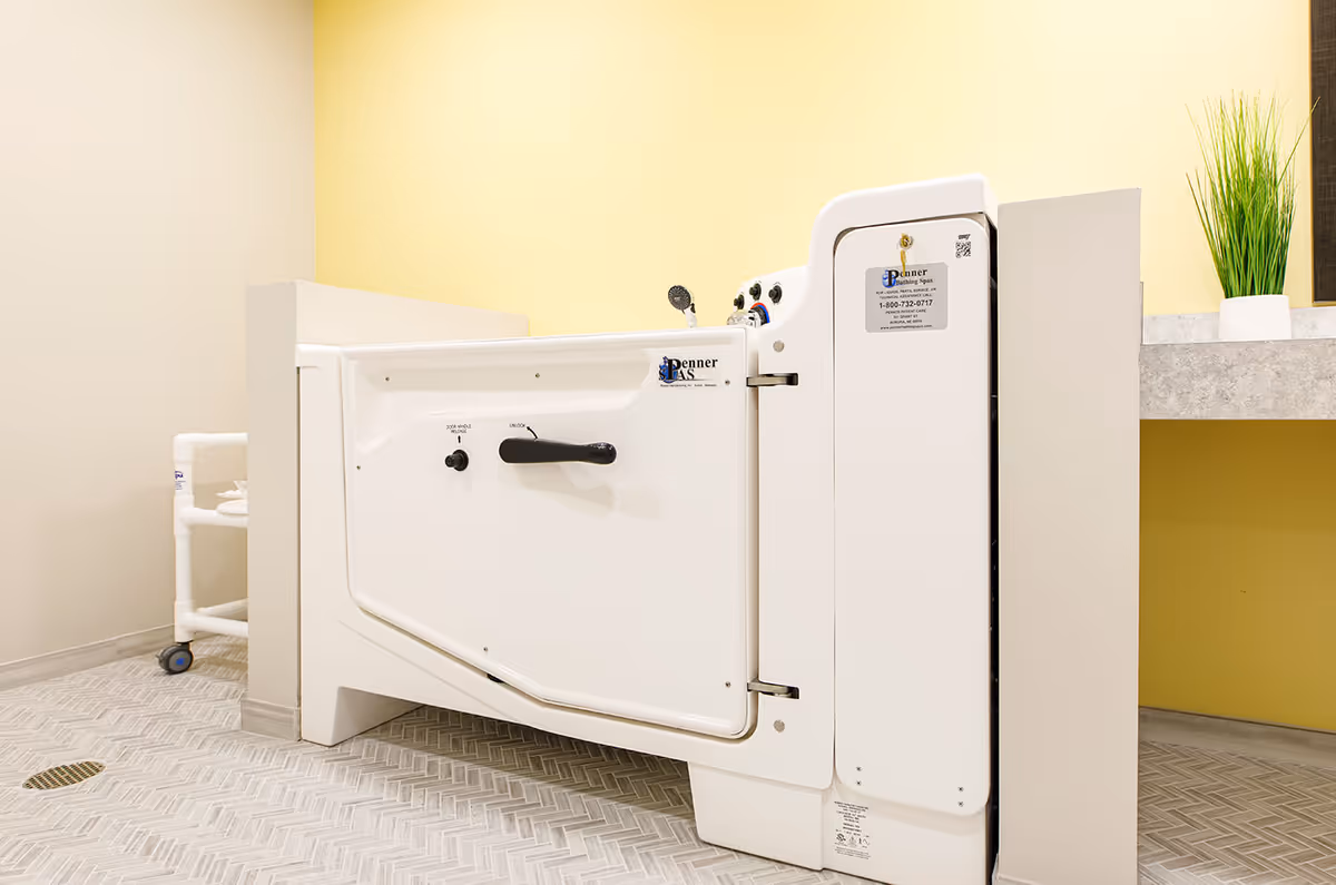 A white accessible walk-in bathtub with a black handle and control knobs, situated in a clean bathroom with light yellow walls and a small green plant on a countertop.