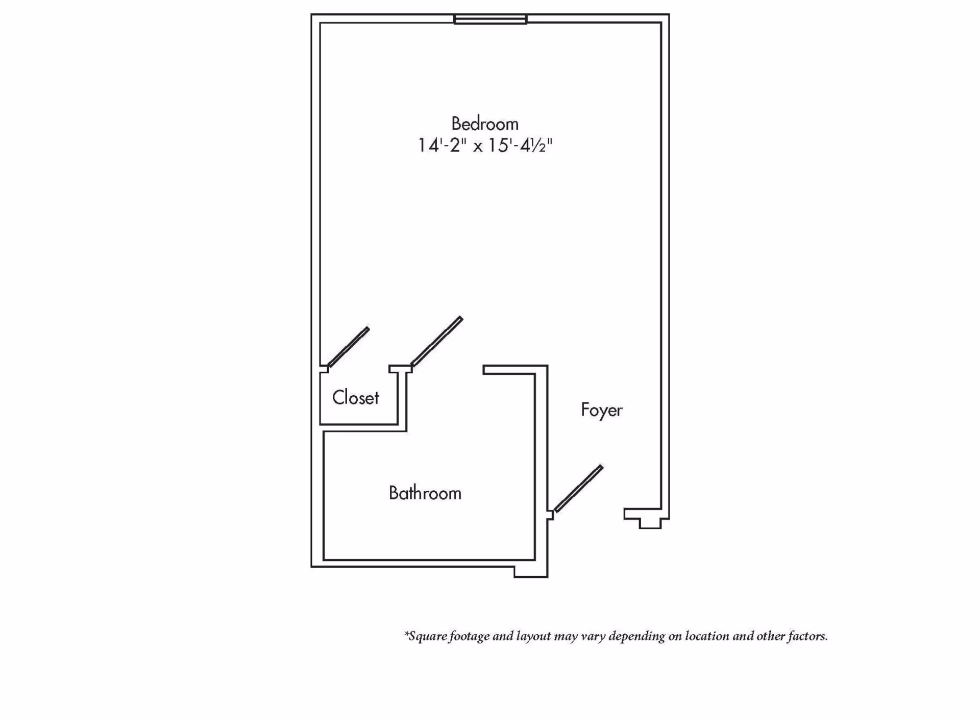Black-and-white floor plan of a one-bedroom unit showing a bedroom (14'-2" x 15'-4½"), closet, bathroom and foyer.