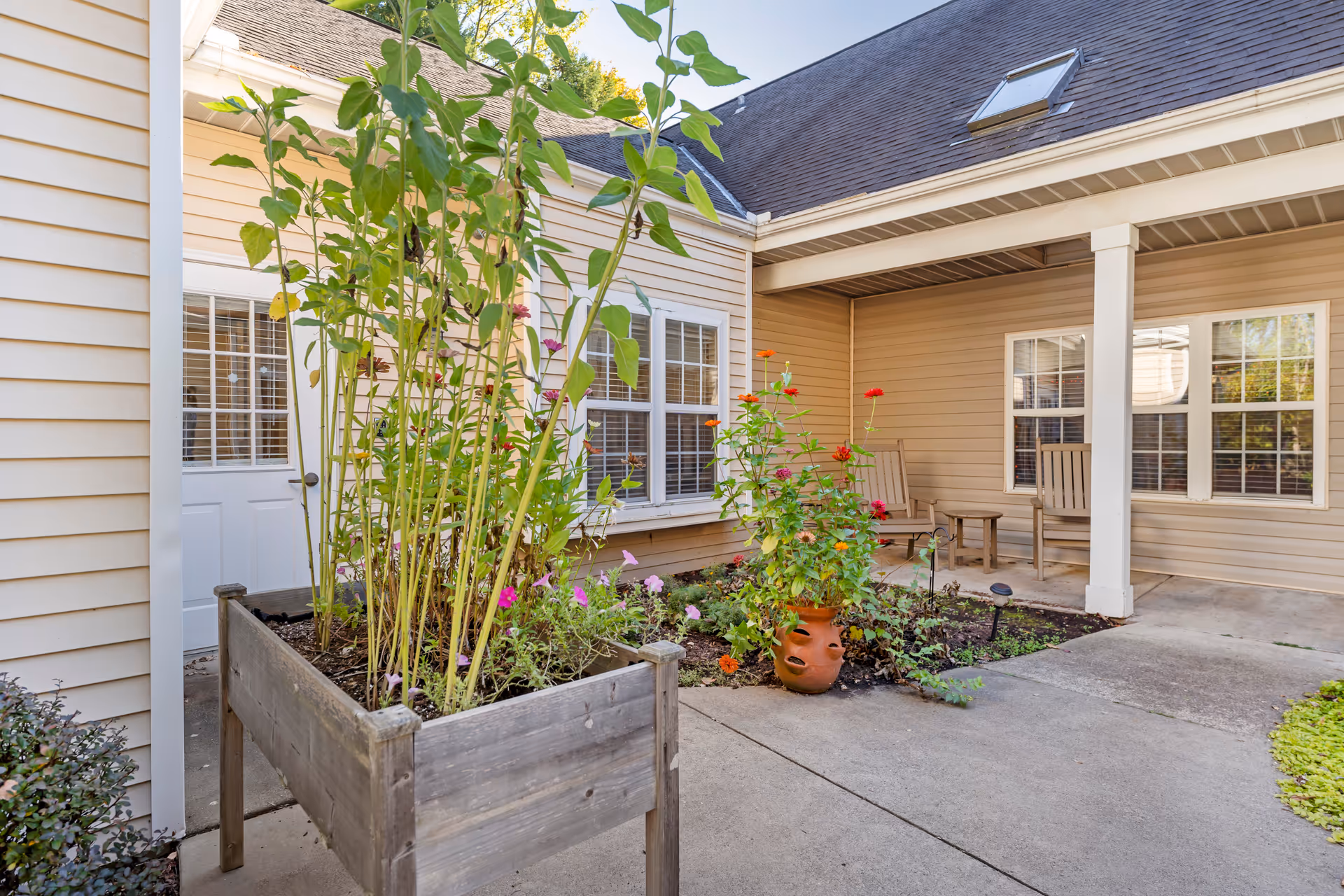 Small courtyard with a raised wooden planter, potted flowers, and a covered porch with chairs against a beige-sided building.